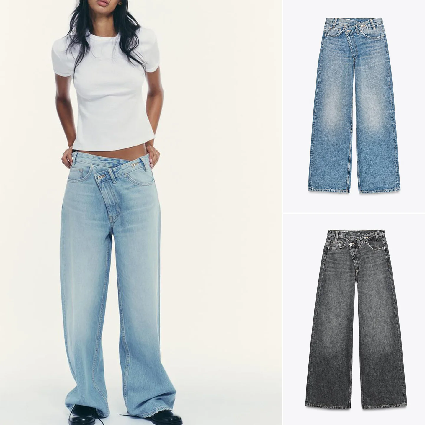 

Осенние новые женские широкие джинсы с высокой талией, повседневные джинсы с двойной талией и пуговицами, свободный крой, микроэластичная джинсовая застежка-молния