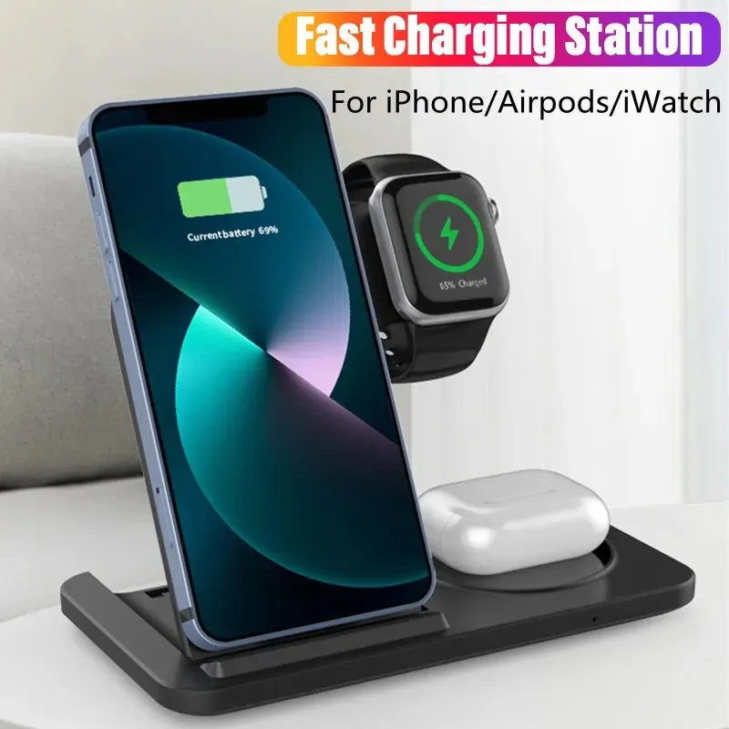 3 In 1 Wireless Charger Stand Pad Foldable Fast Wireless Charging Station Dock for iPhone 15 14 13 12 Apple Watch IWatch Airpods