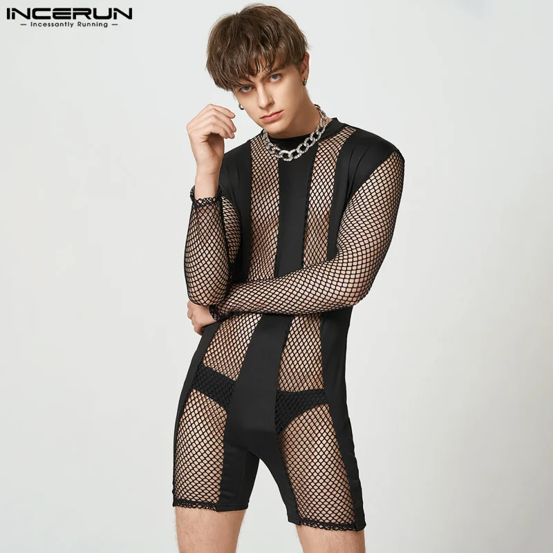 INCERUN 2024 Sexy Mesh Loungewear New Mens See-through Mesh Bodysuit Sexy Stylish Male Splicing Solid Long-sleeved Rompers S-5XL