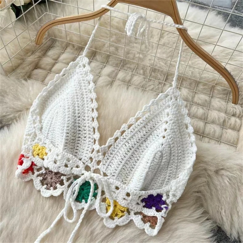 Women 2 Piece Outfit Set Boho Hollow-Out Crochet Knit Halter Bras Top and Asymmetrical Tassel Mini Skirt Beach Cover Up