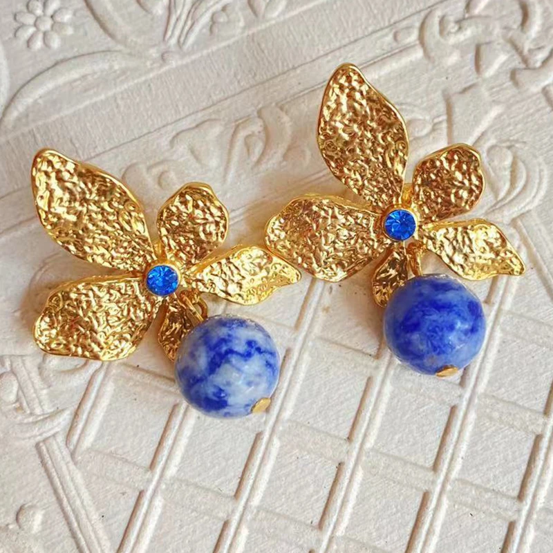 Vintage Court Style Lapis Lazuli Earrings Flowers Temperament Ladies jewelry Stud Earring Girl Party Accessories Gift