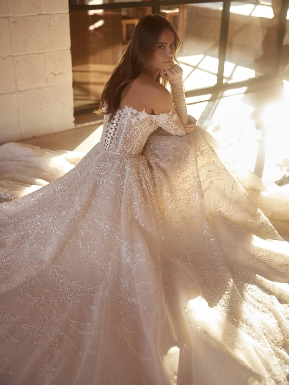 Vestido De novia De manga larga con hombros descubiertos, bata De novia con cuentas y lentejuelas, vestido De novia largo elegante De corte en A, bata personalizada De boda