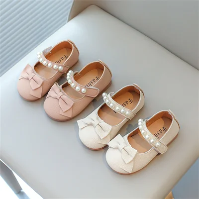 Girls Pearl Bow Round Toe Leather Shoes Pink/beige, Girls Spring and Autumn New Outdoor PU Casual Leather Shoes, Size 21-30