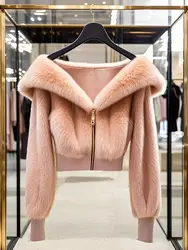 2025 Furry Cropped Faux Fur Pink Coat and Jackets Women Fluffy Top Coat Long Sleeve V Neck Casual Korean Femme Winter Clothes