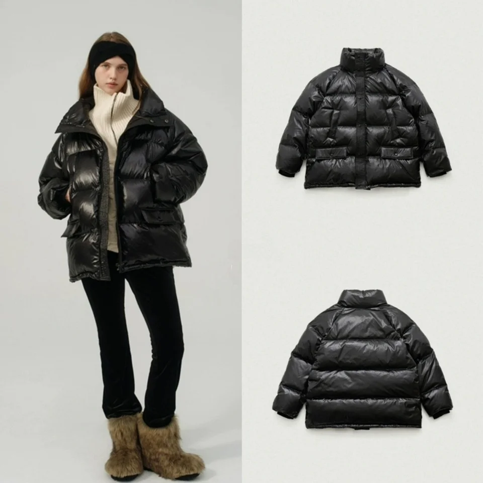 

Новая женская черная блестящая куртка-пуховик 2024 года с воротником-стойкой, в корейском стиле, прямого кроя, утепленная, с наполнителем из белого гусиного пуха