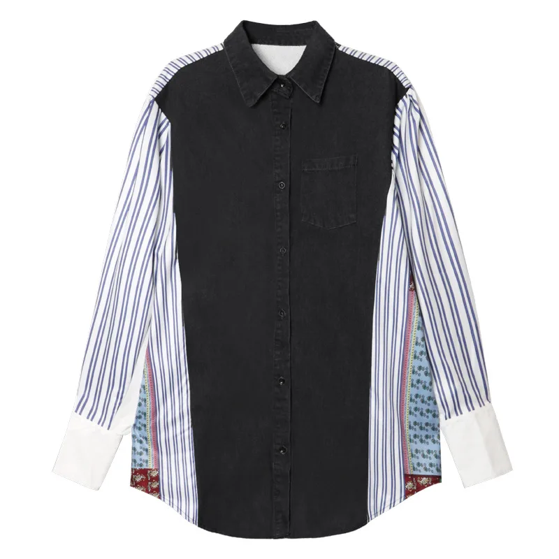 SuperAen 2026 Autumn New Plaid Patchwork Denim Color-Contrasting Design Loose Long-Sleeved Shirt Europe and America Style Shirts