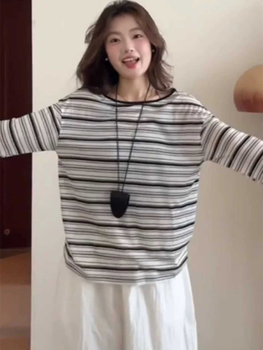 Slimming Striped Color Blo Long Sve Women's T-irt Spring Autumn Loose Lazy Sle Base irt Top Small Size Korean Faion