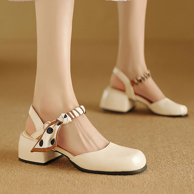 2024 Lolita Sweet Ribbon Ankle Strap Student Cute Mary Jane Shoes Women's Round Toe Block Heels Back Empty Casual Pumps Footwear