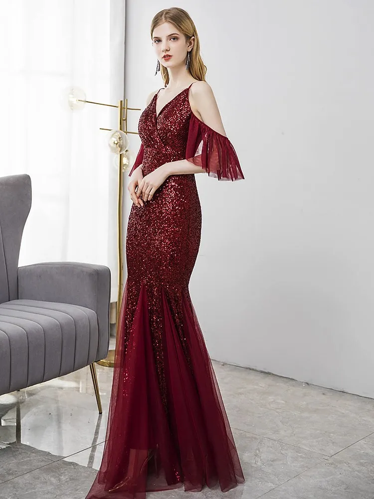 

New red engagement evening dress for brides in fishtail toasting attire one-shoulder light luxury and niche