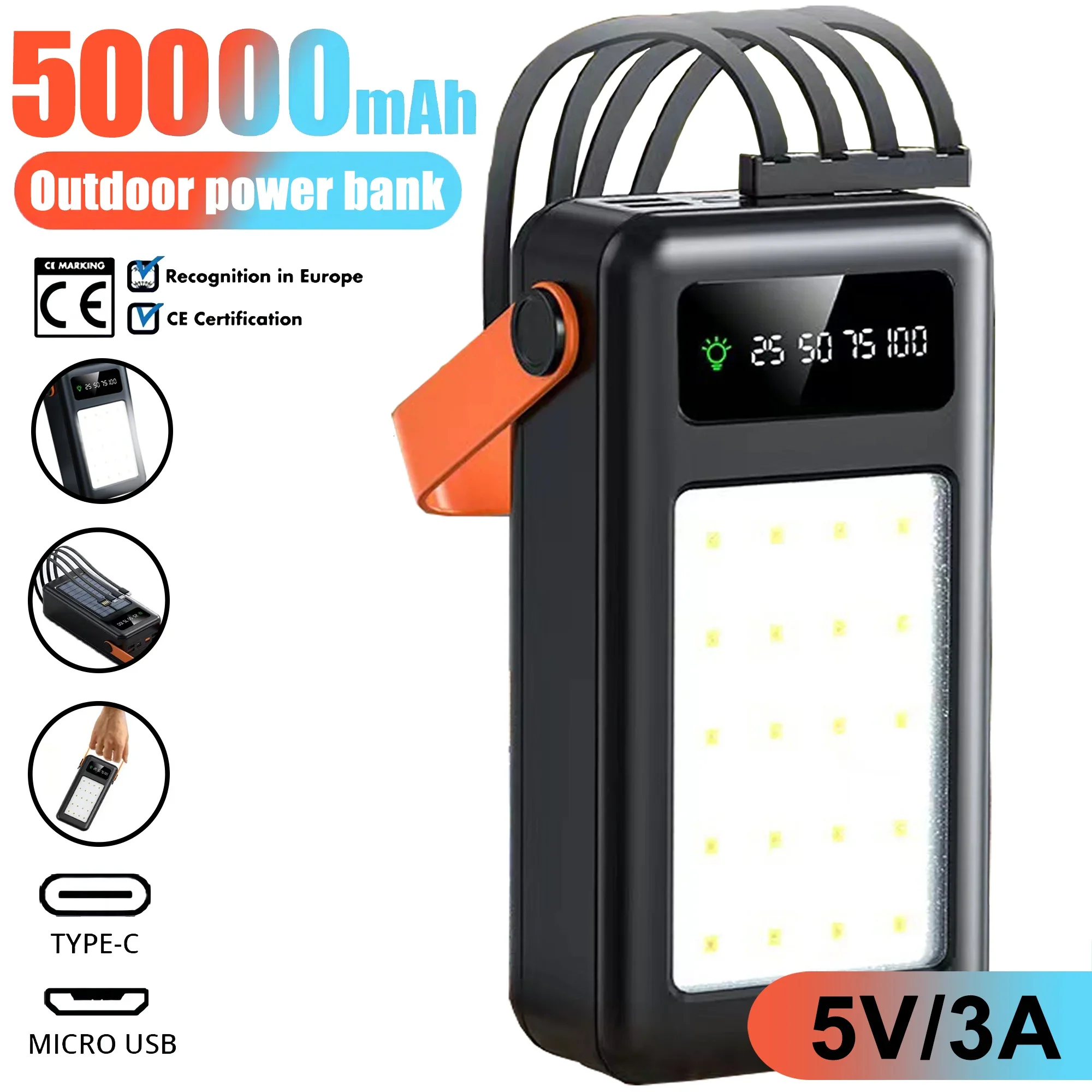 50000mAh Power Bank 5V 3A Outdoor Charger With LED Camping Light Flashlight Camping Battery for iPhone Laptop Externe Batterie