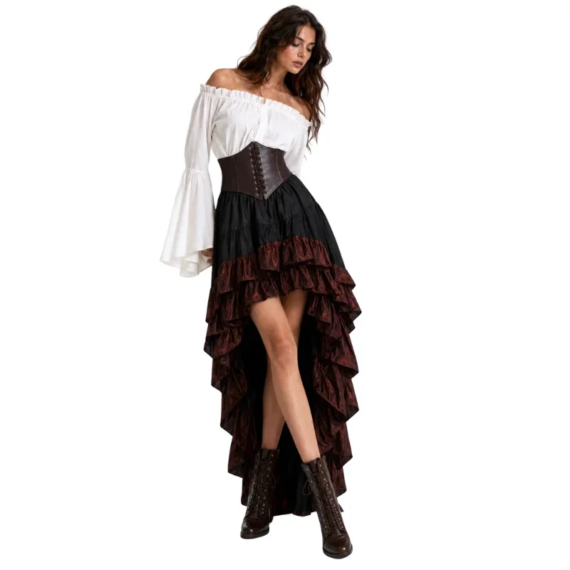 Halloween Medieval Retro Pirate Dress Captain Ruffled Waist Waist Long Dress Court Dress Three Piece Set view 5