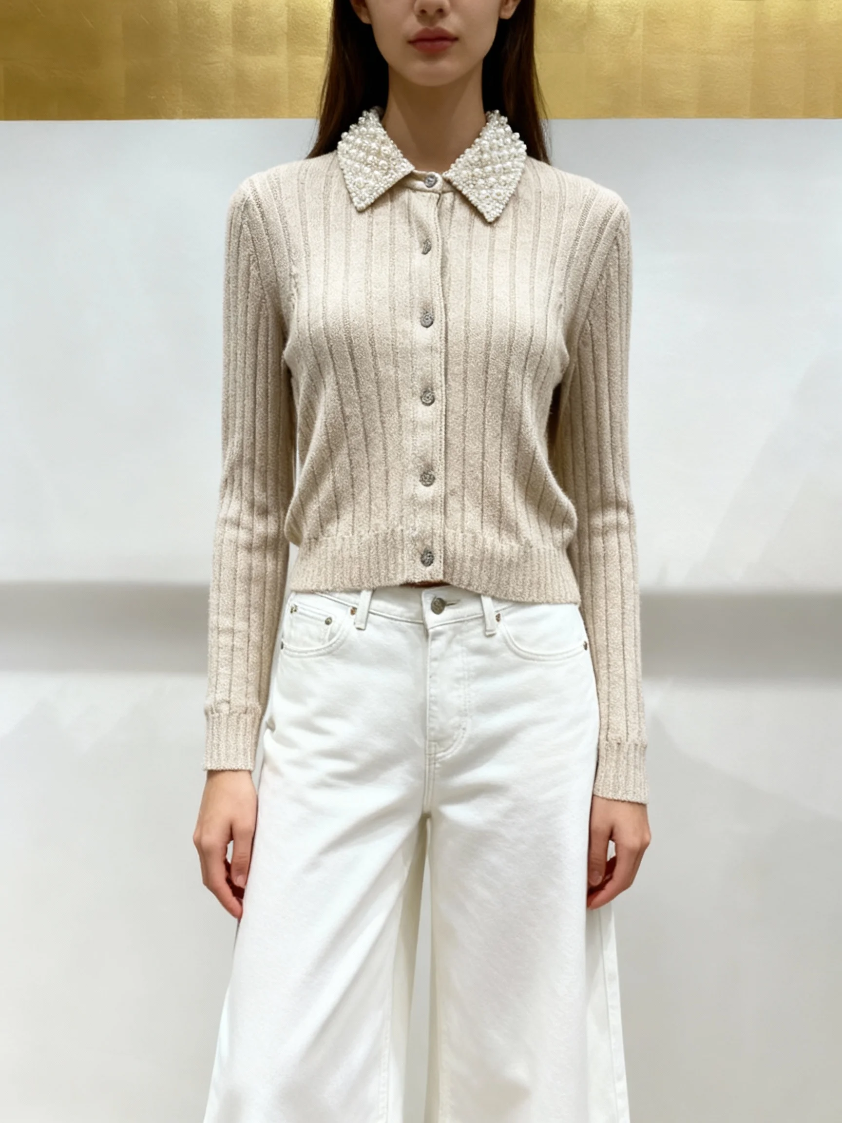 

【Gift Free】2026 Early Spring French Niche Sweet Contrast Pearl-Trim Detachable Polo Collar Striped Knit Cardigan for Women