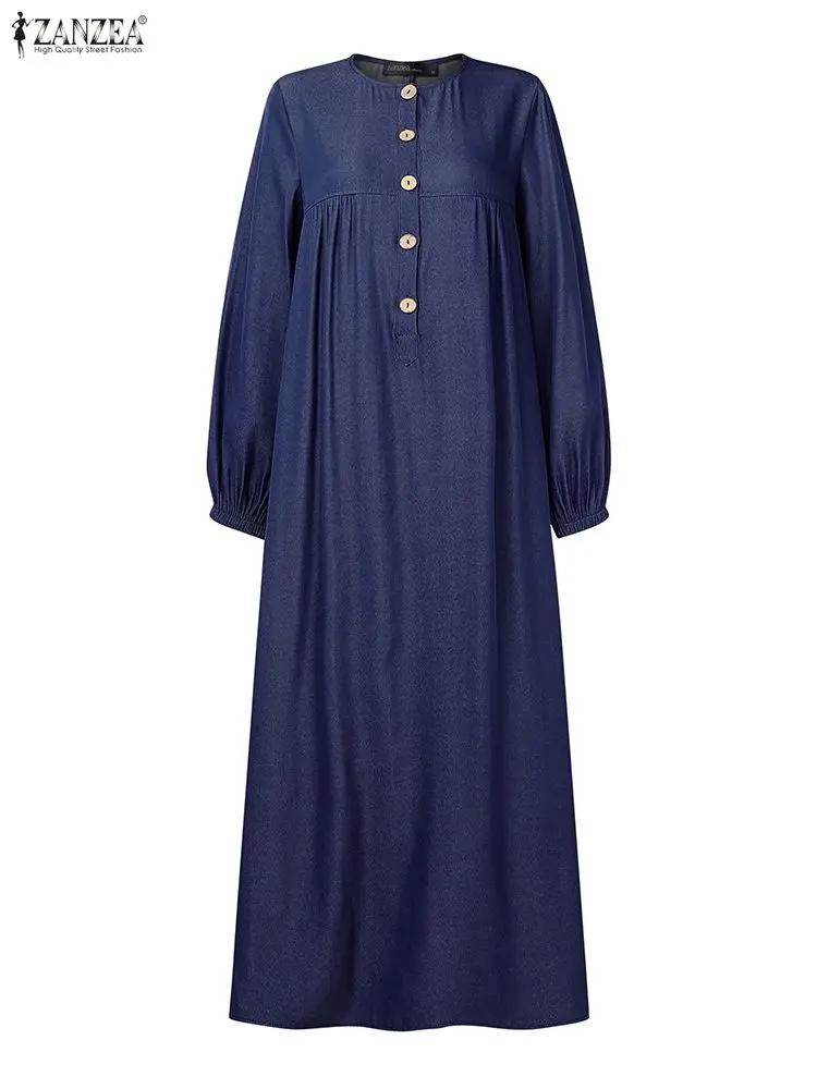 ZANZEA Denim-Like Casual Black Long Dresses Women's Loose O-Neck Lantern Sleeve Half-Buttons Maxi Dress Fall 2025 Woman Clothing
