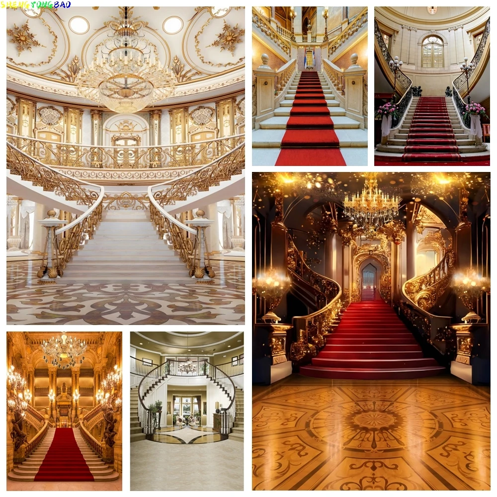 

Luxurious Castle Palace Backdrop for Photography Red Carpet Stairs Opera Church Wedding Birthday Party Portrait Photo Background