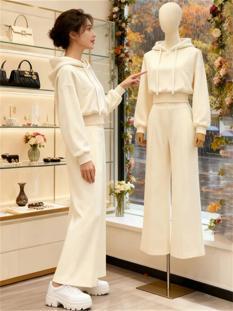 

Модный комплект свитшотов с капюшоном, женские повседневные широкие брюки с высокой талией, V-Ne Long Sve, удобный осенний наряд