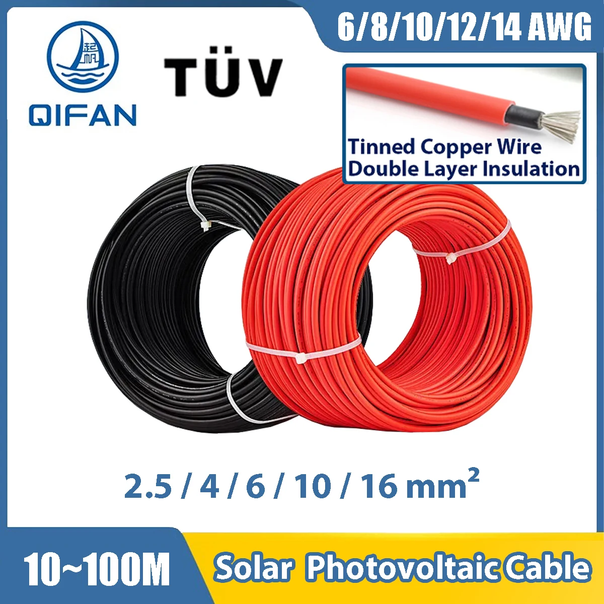 

Кабель солнечной энергии 2,5 4 6 10 16 мм2 6 8 10 12 14AWG Фотоэлектрический 108V TUV Провод для подключения фотоэлектрических панелей Красный Черный Куртка ПВХ