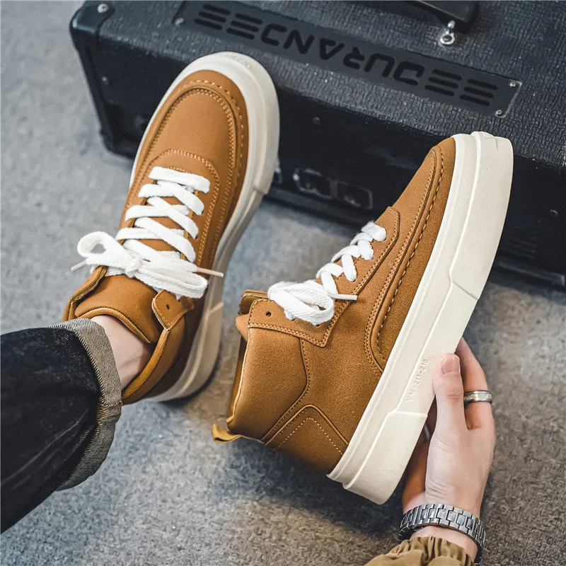 Hot Sale Khaki Men\'s Vulcanize Shoes Breathable Men High Top Skateboarding Shoes Platform Casual Canvas Sneakers Men Espadrilles