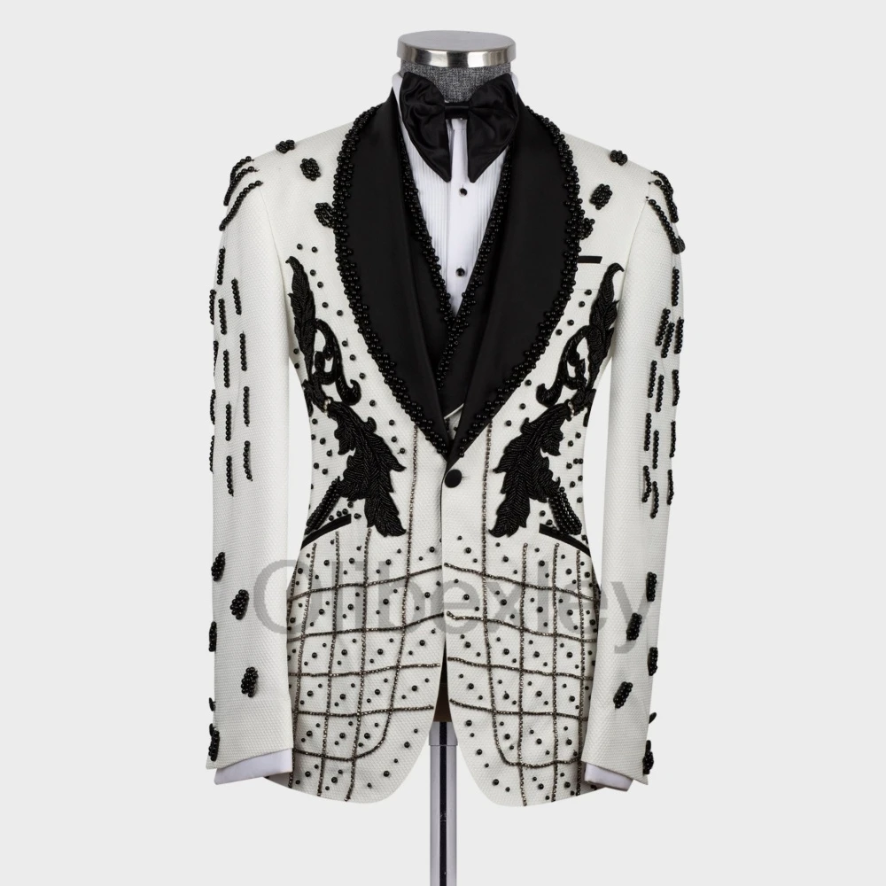 Olibexley Ivory Shiny Men Suits Slim Fit Groom Wedding Tuxedos Diamond Beaded Lace 3 Piece Sets Ropa Hombre Customized S115