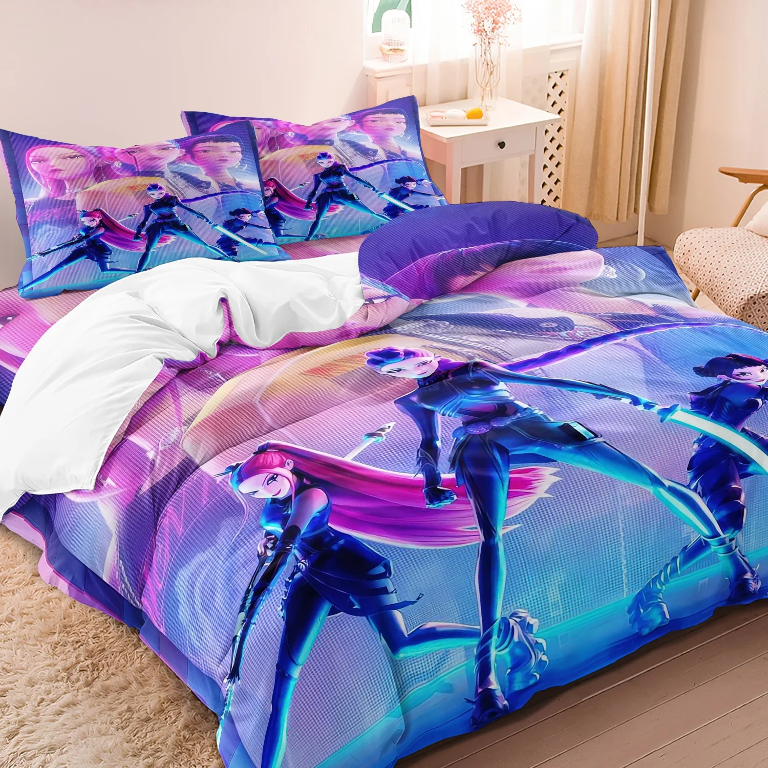 K-pop – ensemble de literie en Polyester, imprimé coloré sur le thème des chasseurs de démons, drap de lit pour dortoir, housse de couette, cadeau, Textile de maison