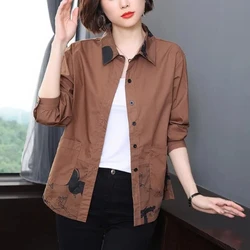 Spring Autumn Solid Color Long Sleeve Fashion Shirt Women High Street Button Patchwork Pocket Cardigan Pure Cotton Elegant Tops