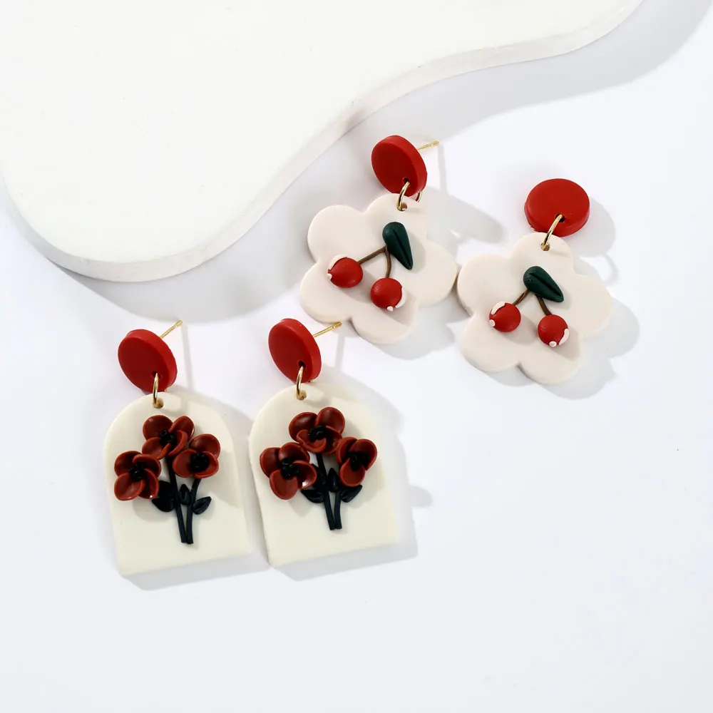 1 Pair Cute 3D Rose Flower Cherry Polymer Clay Drops Earrings Red White Handmade Clay Dangle Earrings Jewelry For Women Jewelry