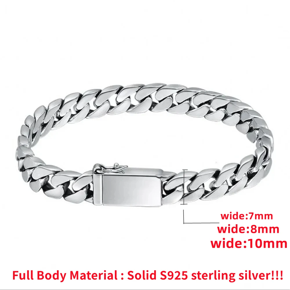 Luxury 100% S925 Sterling Silver Bracelet 7MM 8MM 10MM Punk S925 Silver Jewelry Certified Never Fade Silver Jewelry