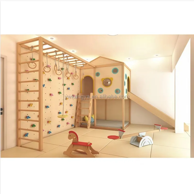 Kids Indoor Wooden Playground Set Climbing Wall Ladder Gym Rings Slide-Commercial Use Toddler Activity Room Sale