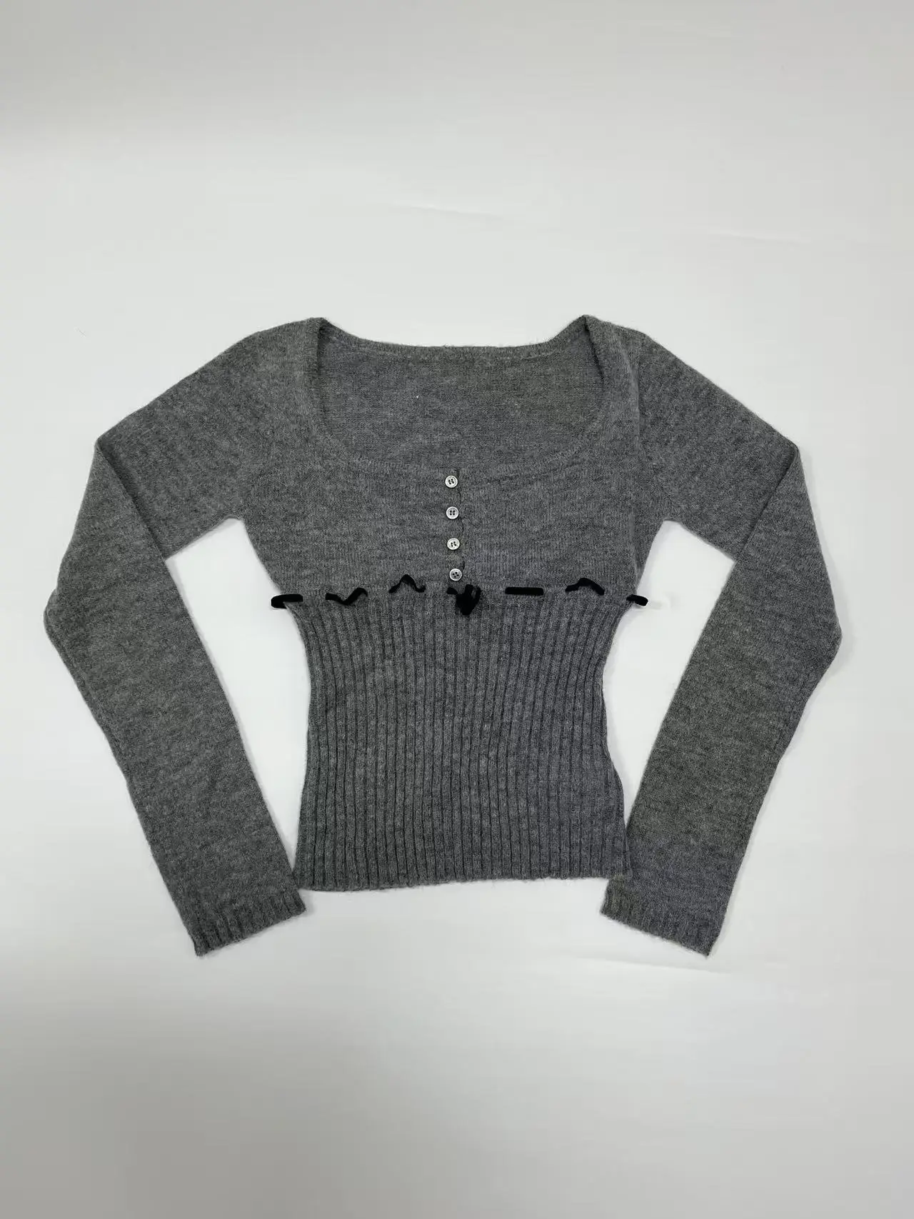 Элегантный облегающий женский вязаный свитер, бархатный кардиган с завязками и U-образным вырезом, облегающий женский топ на пуговицах, новинка осени 202, новинка осени