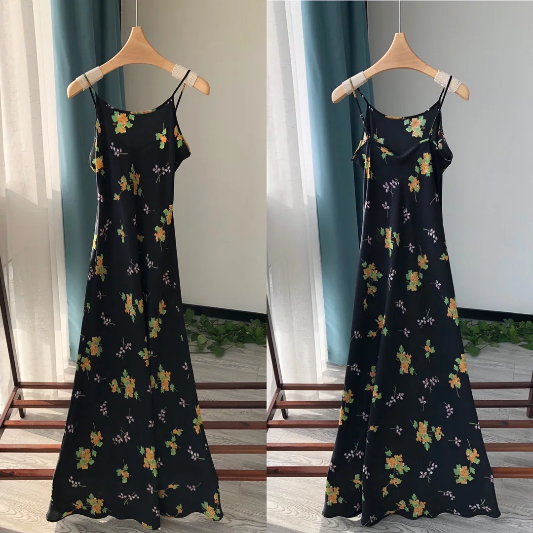 

Womens Sexy Silk long dress Print Mermaid Sling Dress Street Trendsetter Suspender Female Sleeveless Pure Silk Fishtail Desses