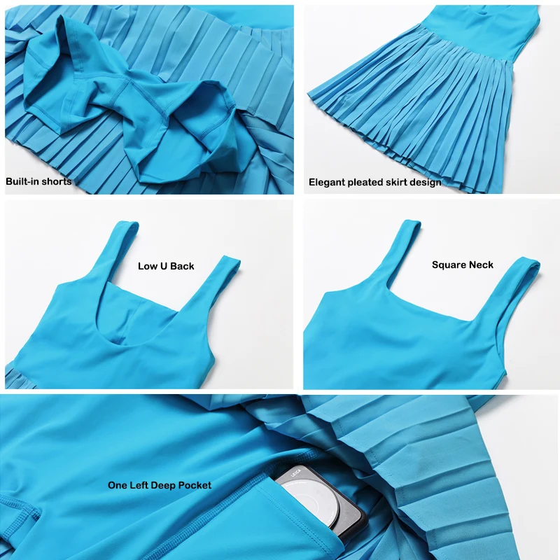 VITALINOVO Workout Tennis Dress with Built in Shorts Square Neck Padded Workout Dress with Pockets Golf Athletic Mini Dresses image 6