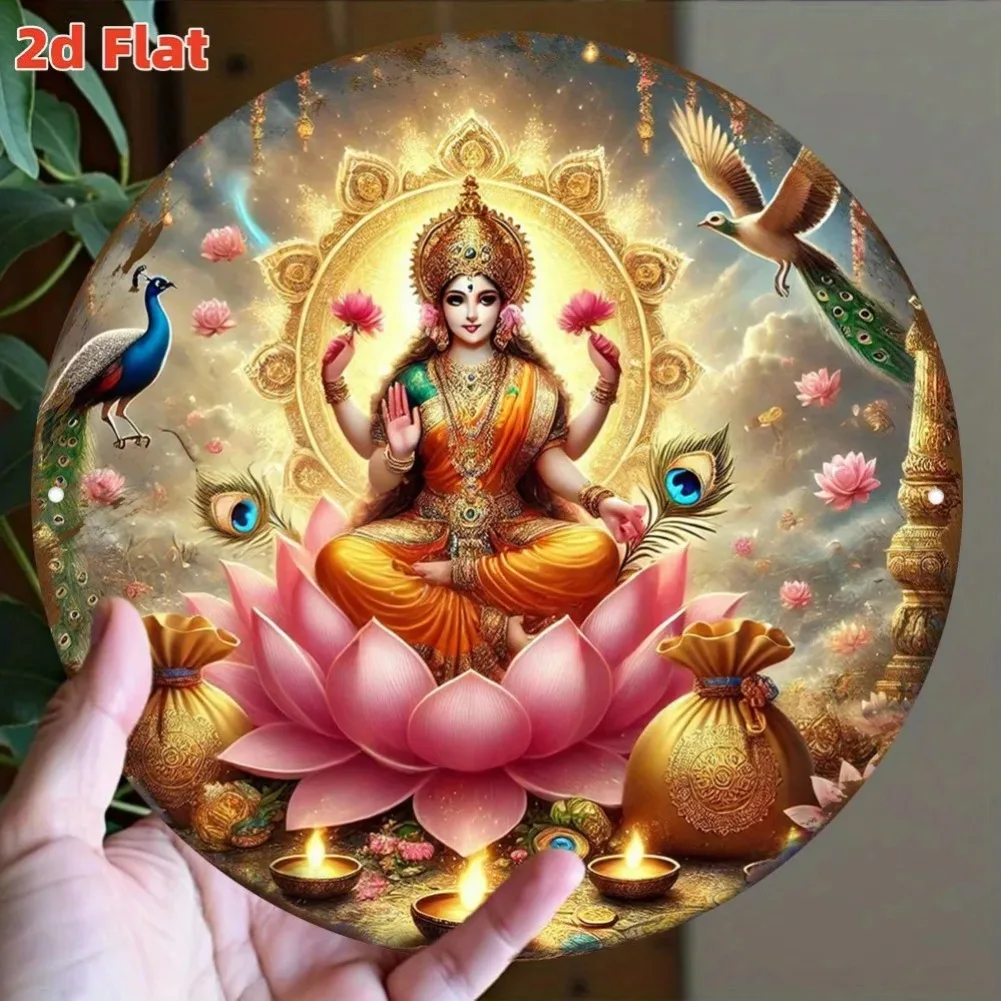 Sacred Hindu Goddess Lakshmi Seated on Lotus HD Print Metal Tin Sign – Featuring Divine Four-Armed Devi with Pink Lotus Flowers,
