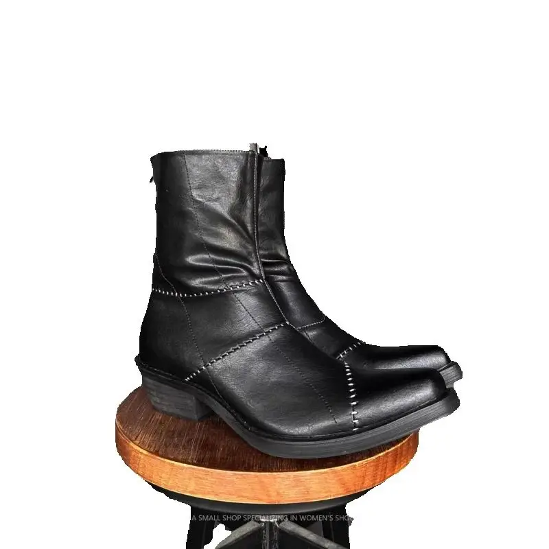 Dark Black Pointed Chelsea Boots Thick Heel Wizard Boots for Men and Women Vintage Upturned Short Boots Hand Sewn Western Boots