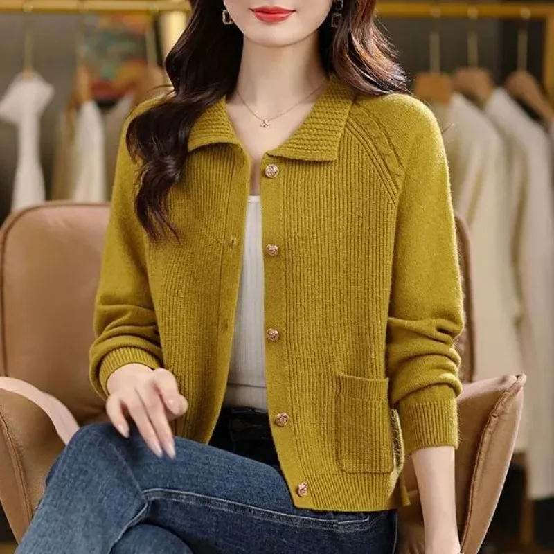 

Весенне-осенний вязаный кардиган, женская куртка, весенне-осенняя куртка, новый свободный свитер, вязаный топ с лацканами