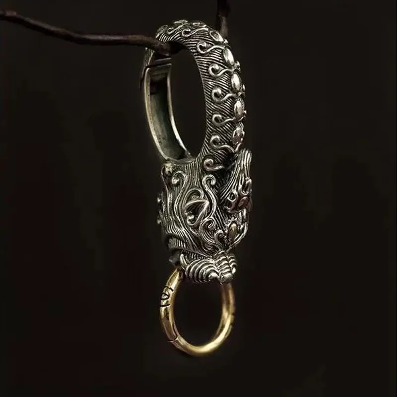 Pure Silver Punk Personality Creative Gift Buckle Lucky Pixiu Elephant Metal Key Ring Pendant