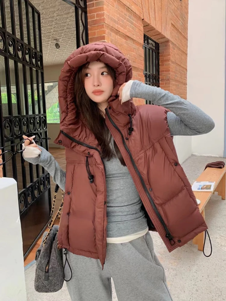 가을 겨울 후드 푸퍼 솔리드 다운 베스트 여성용 따뜻한 지퍼 조끼 아우터웨어 여성용 화이트 덕 다운 민소매 조임끈 조끼