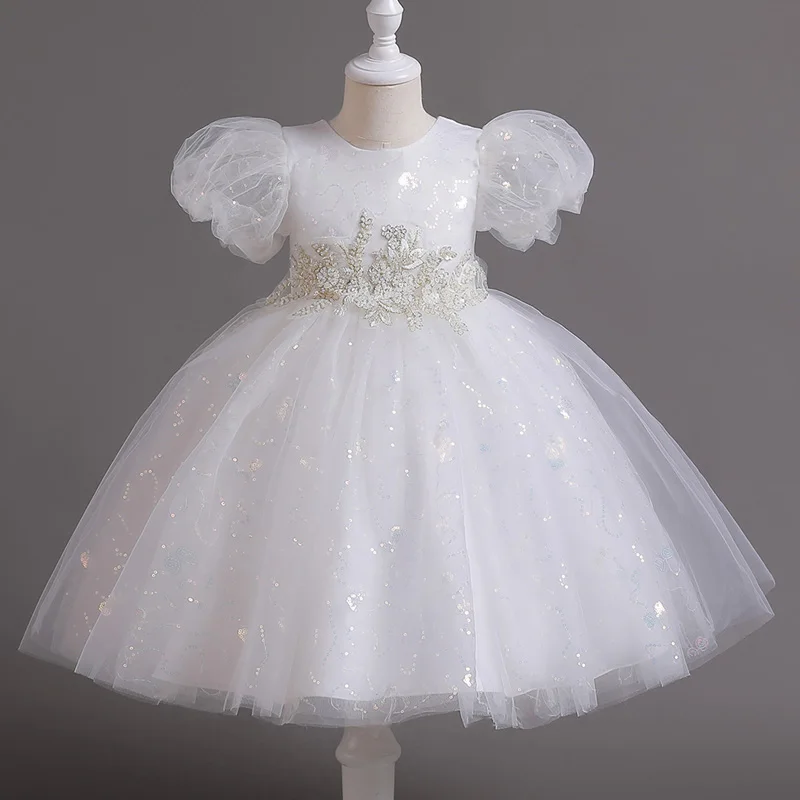 

Girls summer short puffed sleeve court style princess dress pure white dress flower children piano performance #C551