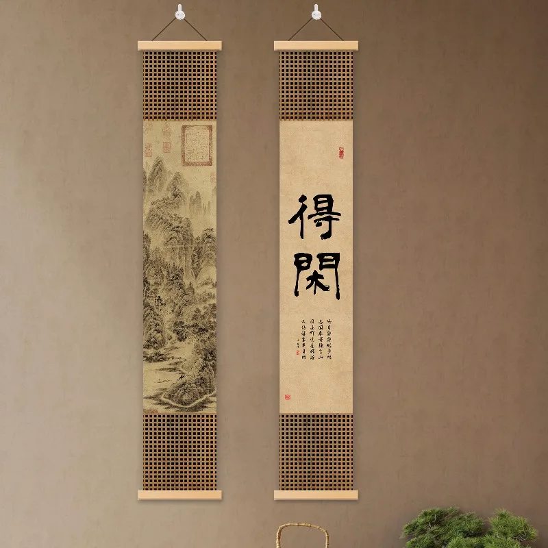 Wall Art Slim Song Inspired Bird and Flower Calligraphy Pearlescent Canvas Hanging Scroll with Wooden Rods for Entryway