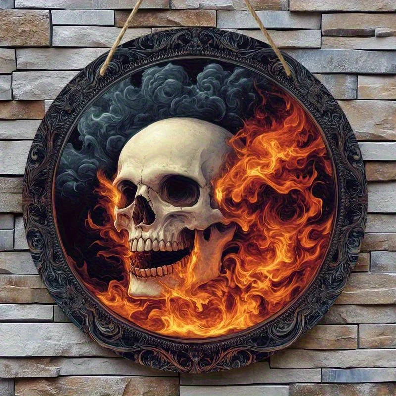 1pc2D Rundes Holzschild mit flachem Totenkopf-Motiv und flammendem Totenkopf-Design – Bar, Wohnzimmer, Büro-Dekoration – keine Strom erforderlich – sjs