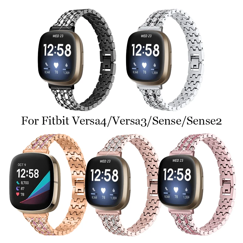 

Ремешок для часов из нержавеющей стали с бриллиантами для Fitbit Versa 3 4, металлический браслет, ремешок с пятью бусинами для Fitbit Sense sense 2