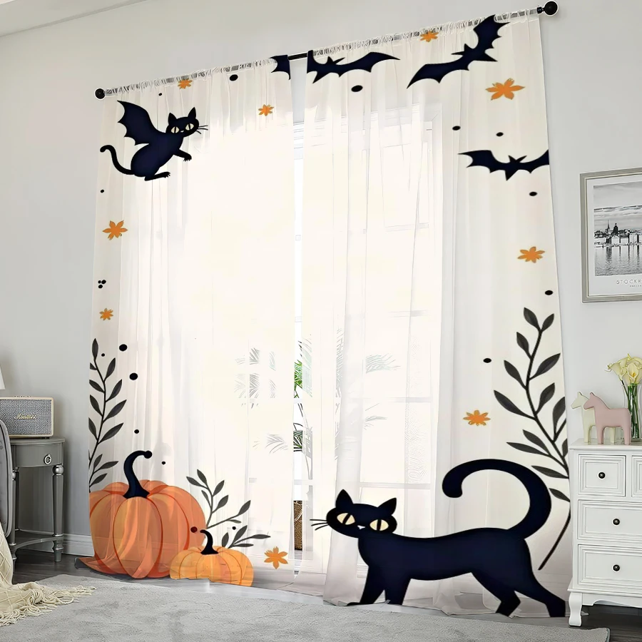 2PCS Digital Print Sheer Curtain, Cute Black Cat Bat Pumpkin Halloween Spooky Window Drapes for Living Room Bedroom Home Decor