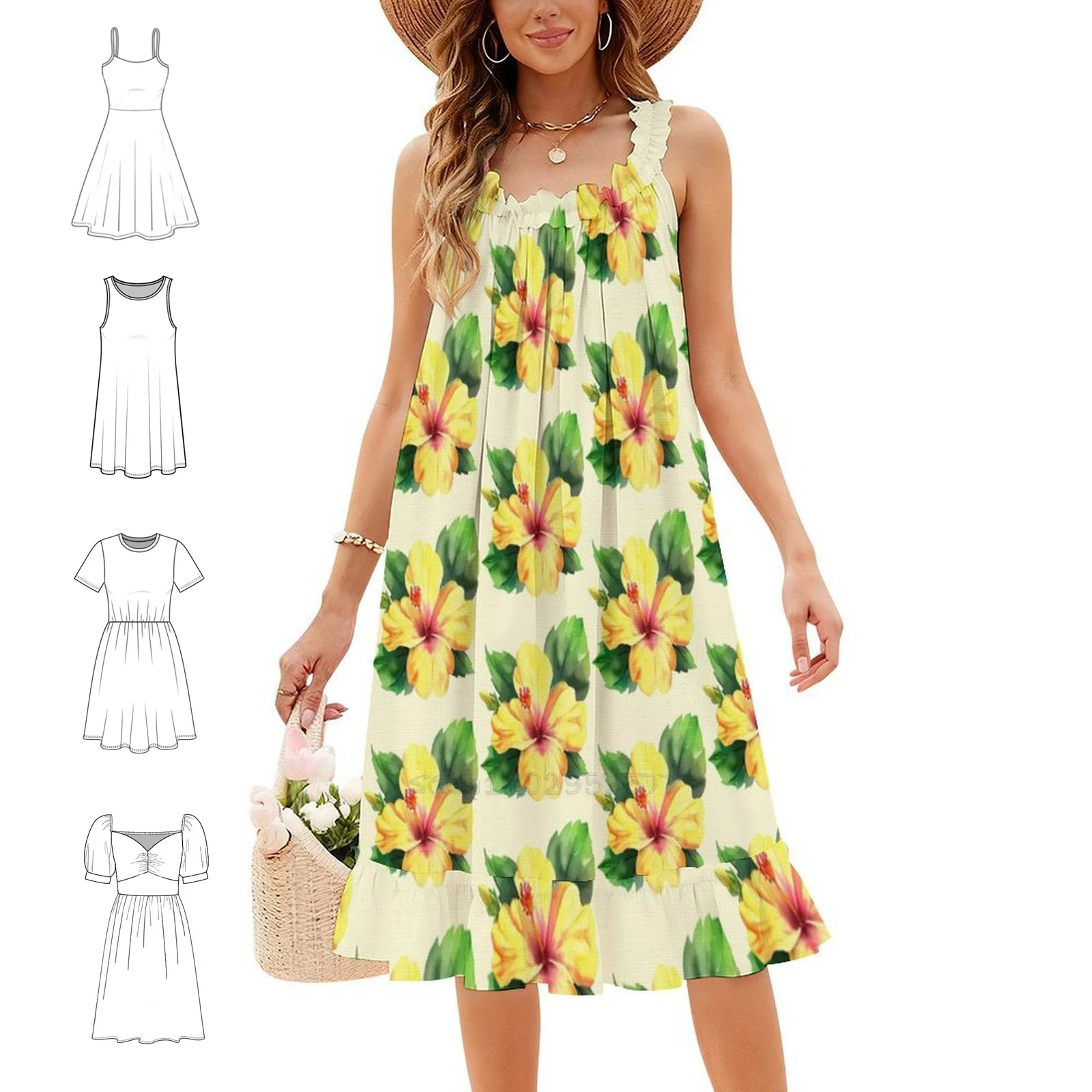 Happy Hibiscus Watercolor Floral Smock Dress For Women Spring Summer Casual Dress For Party Hibiscus Tea Flower Hibiscus Plant