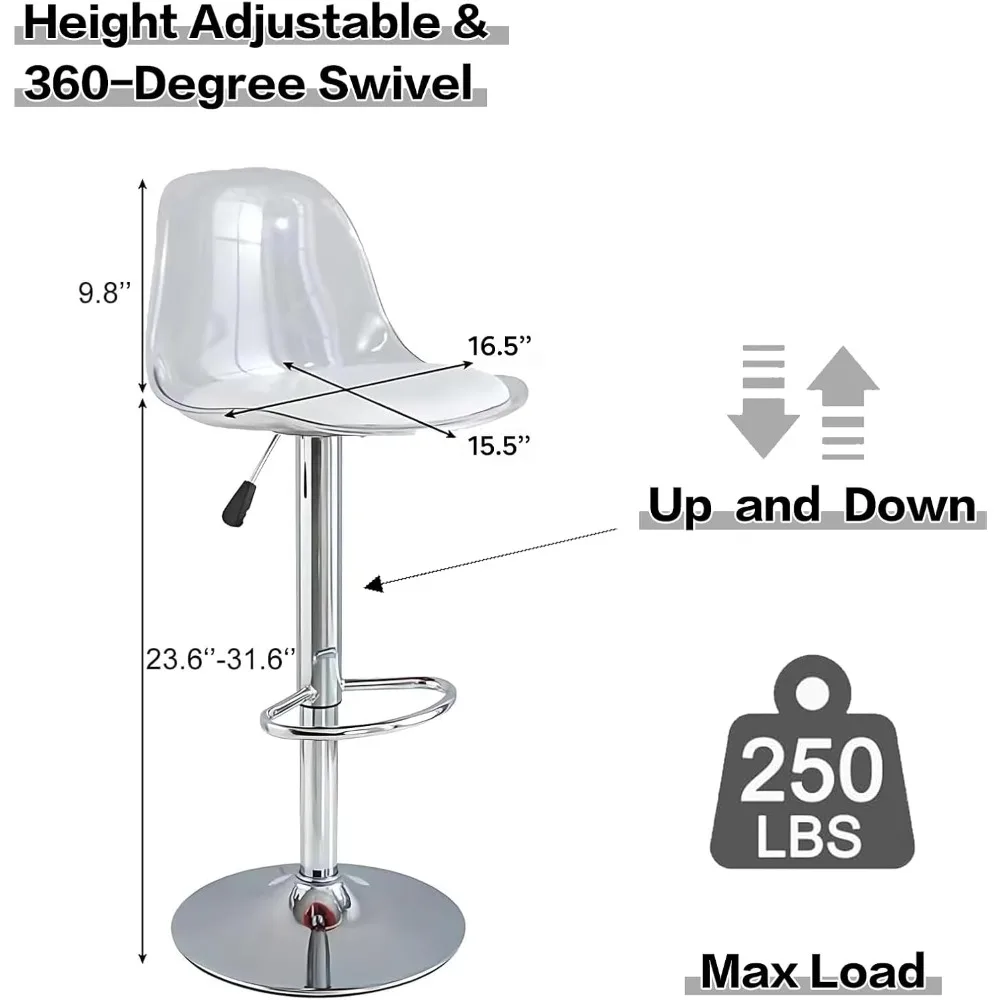 Taburetes de bar Juego de 4, taburetes de bar giratorios ajustables de cuero Pu taburete de bar de altura de mostrador de cocina taburete de bar transparente con ergonomía respaldo