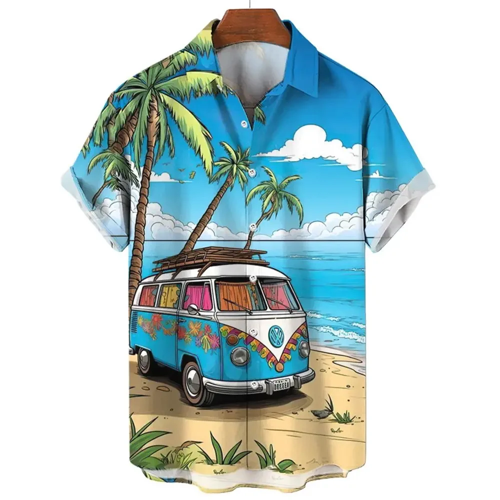 Vintage Men's Shirt For Men Short Sleeve Tops Beach and cars 3d Print Shirt Summer Sweatshirt Tees Designer Men's Clothing