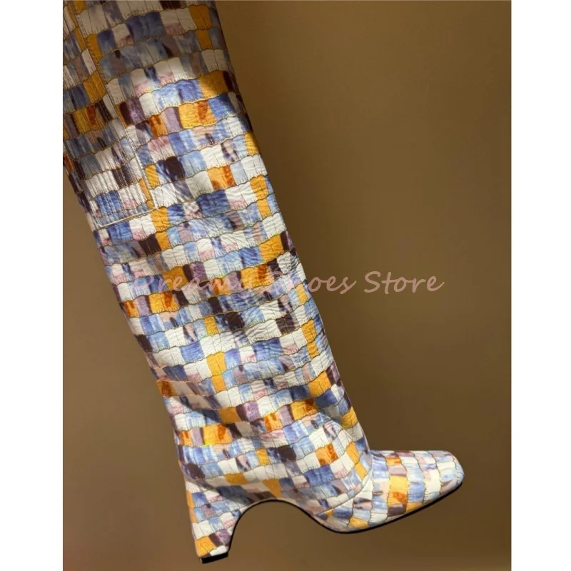 

Mixed Colors Square Toe Chunky Heels Knee High Boots Women Leather Strange Style Slip On Long Boots Fashion Trendy Party Shoes