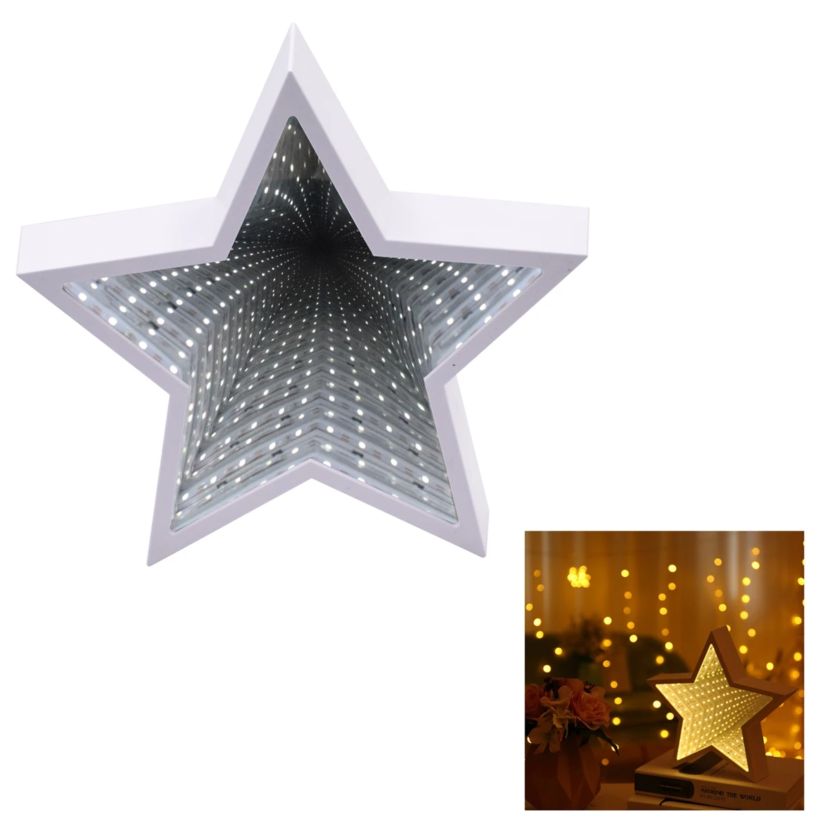 

3D Creative Mirror Tunnel Night Light For Room Wedding Party Home Decor Led Star Sign Lamp Warm White Light ()