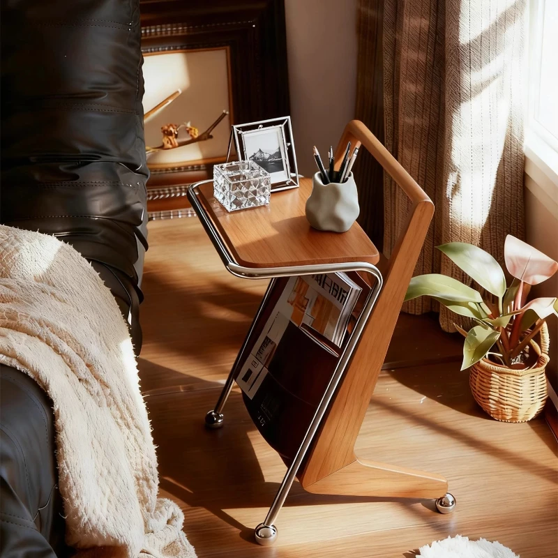 

Mid-Century Modern Storage Shelf Movable Side Table for Living Room Sofa End Tables Solid Wood Bedroom Bedside Organizer