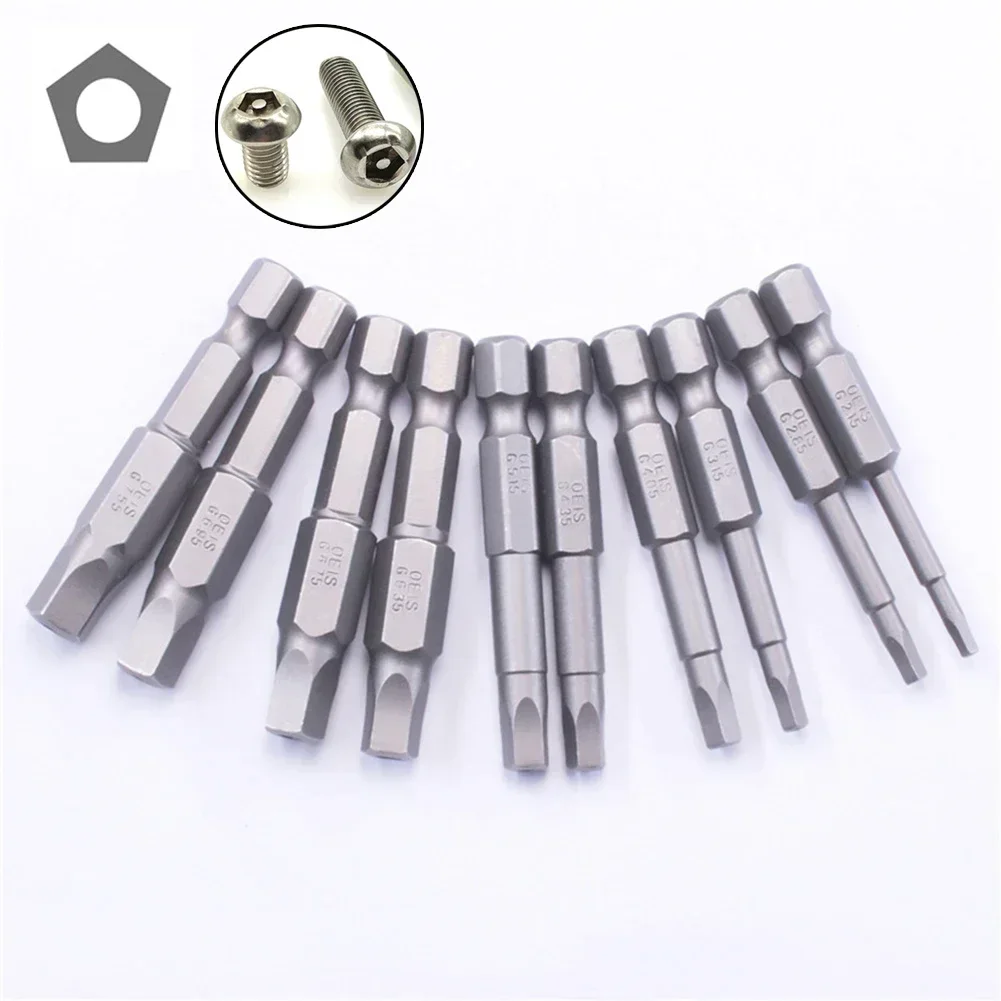 10Pcs 50mm Pentagonal Screwdriver Magnetic Drill Bit 1/4Inch Hex Shank Socket Adapter Hand Tools Screwdriver 2.15-7.35mm