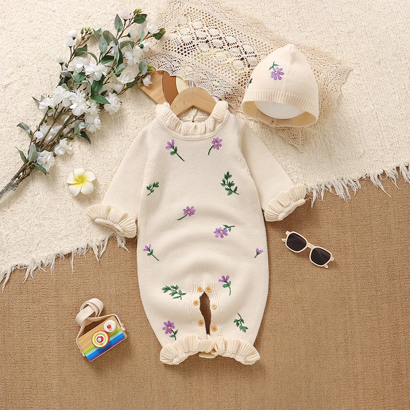 Baby Mädchen Strampler Kleidung Herbst Winter Floral Stricken Neugeborenen Babys Langarm Overalls Hüte Outfits Sets 0-18m infant Kostüm
