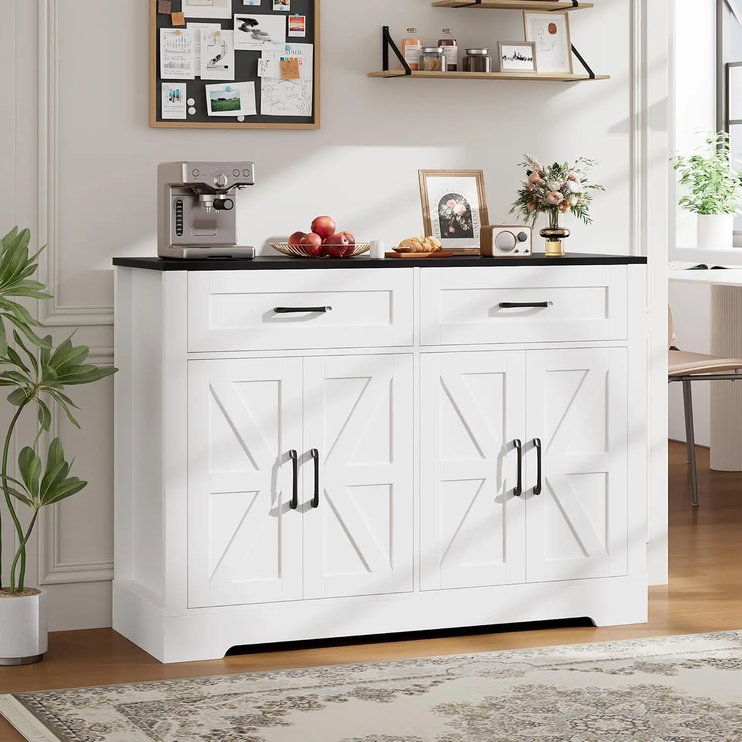 Farmhouse Sideboard Buffet with Drawers, White and Black Kitchen Cabinet for Dining Room, Hallway, Coffee Bar