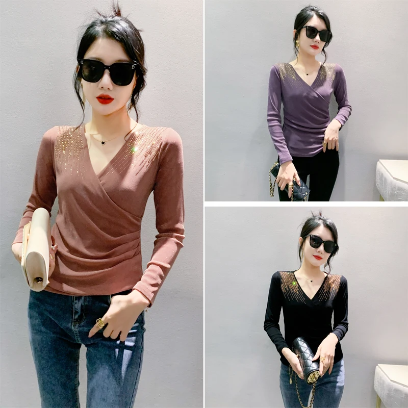 여성용 페이셔너블 미 베이스, 화려한 V넥 크로스 디자인, 슬림핏, 엘레 탑, 스트리트 스타일, 가을 겨울용